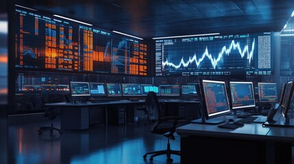 A modern trading office with large monitors showing stock charts and data, symbolizing fast-paced financial markets. The upper portion is left blank for text.
