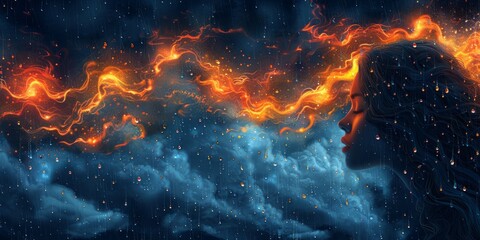 Woman with Fiery Hair in Rain