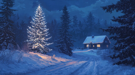 Magical Winter Wonderland: Christmas Tree and Snowy Forest Landscape with Lit Cabin and Festive Decorations in the Snow Covered Forest