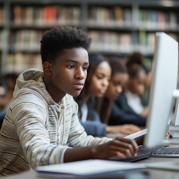 focused students working on computers in library