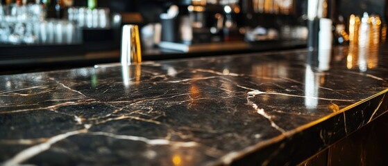 Black marble bar counter top with empty space or product mockup. restaurant counter. Cafe, Coffee shop, Countertop, Backdrop, Templates, Products display kitchen or bar. product placement