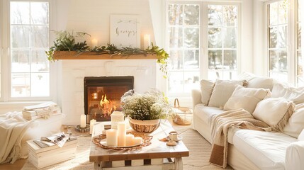A cozy living room with a scarecrow by the fireplace, invitations on the coffee table, and scarecrow accessories used as decor