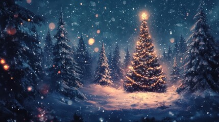 A glowing Christmas tree decorated with lights and a star topper stands in a tranquil snowy forest at night. Snow gently falls around, creating a serene and magical winter atmosphere