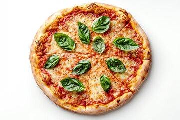 Classic Margherita pizza with basil leaves isolated on a white, top view