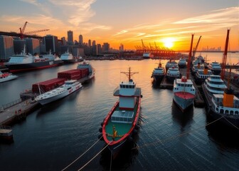 Fototapeta premium urban scenes, Boat Dock at Sunset with City Skyline