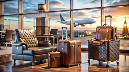 Opulent travel gear is harmoniously positioned within a sophisticated airport lounge space.
