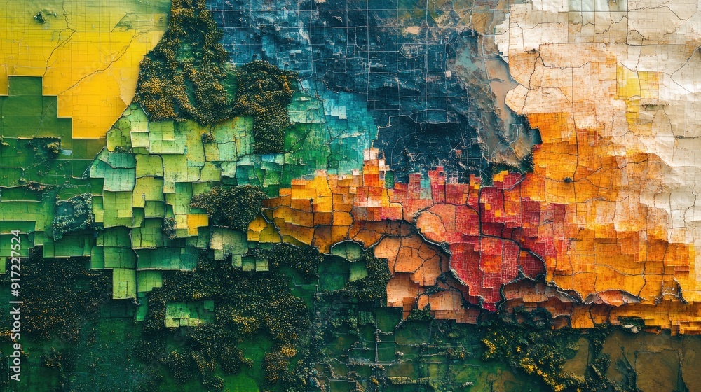 Fototapete an aerial photograph turned into a gis map, with layers of data visualized in different colors. the 