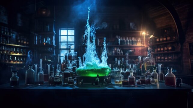 Mystical Potion Brewing in a Dark Laboratory