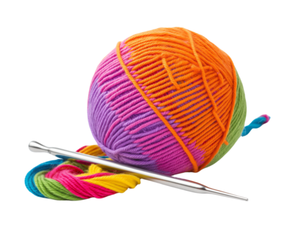 Ball of yarn and knitting needles isolated on white or transparent background. Handmade Wooden bamboo needles for knitting sewing with wool or cotton thread