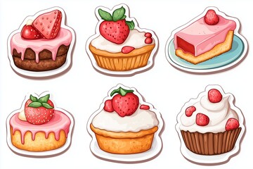 Sweet dessert stickers with cakes, cookies, and pies on a plain background
