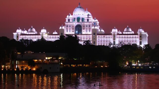 Beautiful view of Dr. B. R. Ambedkar Telangana State Secretariat at the sunset in Hyderabad, India. Timelapse video
