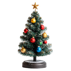 Festive Miniature Christmas Tree with Colorful Ornaments and Star Topper on White Background