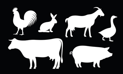 Farm animals silhouette. Isolated farm animals on white background