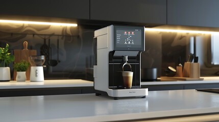 A modern coffee machine with a sleek touchscreen display, sitting on a minimalist kitchen counter - Futuristic style