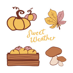 Autumn-themed illustration featuring pumpkins, apples, mushrooms, and leaves on a light background