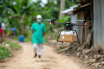 A drone delivering critical medical supplies to a remote location, highlighting the role of technology in emergency care