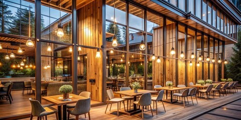 Warm Lights Illuminate a Rustic Outdoor Dining Area, Wooden Patio , Cozy Restaurant , Evening Ambiance , Outdoor Dining , Outdoor Decor , Rustic Design