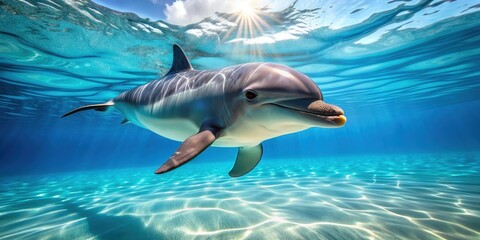 Fototapeta premium Playful dolphin swimming gracefully in the clear blue waters, dolphin, water, marine life, ocean, underwater, wildlife, aquatic