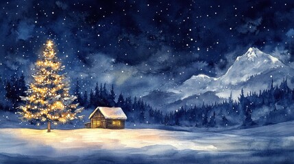 Christmas Tree and Lit Cabin in a Winter Wonderland: A Snowy Night Landscape Perfect for Holiday Banners and Templates for Xmas Eve	
