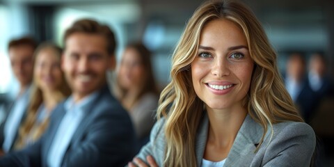 Smiling Businesswoman with Team in the Background