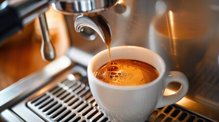 Espresso shot being brewed into a white cup from a coffee machine