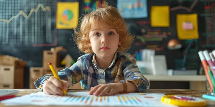 smart kid business learning and knowledge concept, young boy wearing formal business attire with graph and chart as background,	
