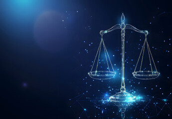 High-tech blue Digital justice scale surrounded by digital data on blue bokeh background, representing the role of AI in business justice design