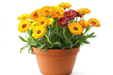 Colorful calendula flowers in the pot isolated on a white background - 