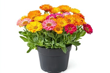 Colorful calendula flowers in the pot isolated on a white background 