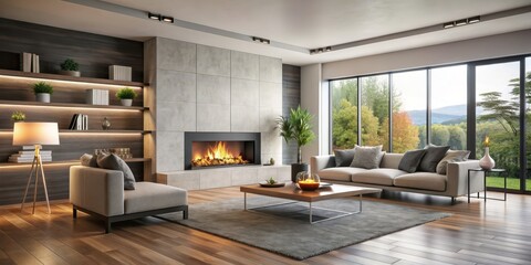 Fototapeta premium Modern living room featuring a sleek fireplace with cozy ambiance, modern, living room, interior, design, furniture