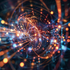 Abstract images illustrating the concept of quantum computing, quantum bits, and complex calculations. 