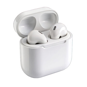 A white case with two earbuds on transparent background