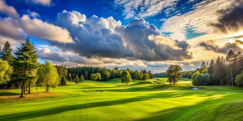 Naklejka premium A Breathtaking View of a Lush Golf Course Under a Dramatic Sky, Digital Painting, Golf Course, Green Grass, Cloudy Sky, Nature, Landscape