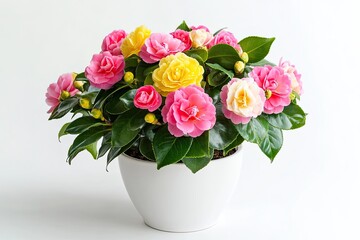 Colorful camellia flowers in the pot isolated on a white background  