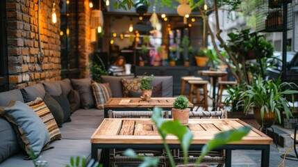 Cozy outdoor coffee shop with plants and comfortable seating