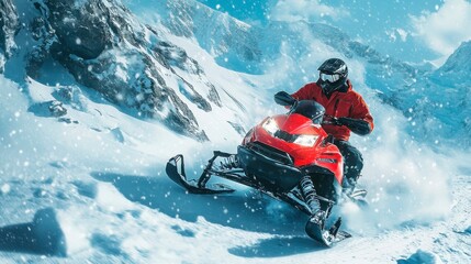 A thrilling snowmobile adventure through snowy mountains.