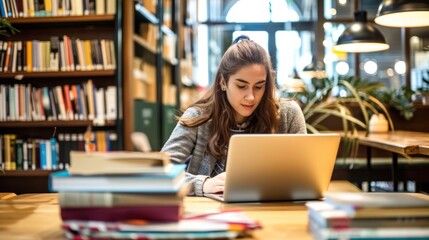 Student studying with laptop and books in a coffee shop