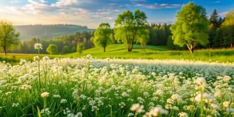 Obraz premium A Field of White Flowers Blooming in the Sunset, Landscape Photography, Spring Flowers, Green Meadow, Nature Photography, White Flower, Meadow