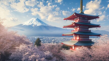 Fototapeta premium Beautiful view of mount Fuji and pagoda, Japan in spring with cherry blossoms