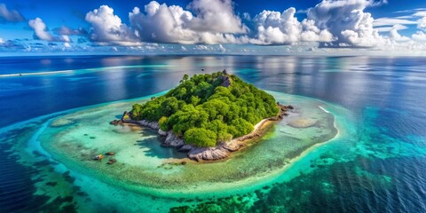 Obraz premium Aerial View of a Lush Island with a Turquoise Lagoon, drone photography , tropical island, paradise , turquoise water