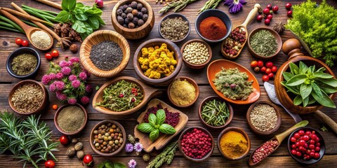 Fototapeta premium Aromatic Herbs and Spices on Rustic Wooden Background, Flat Lay, Top View, Food Photography, Still Life, Spices, Herbs