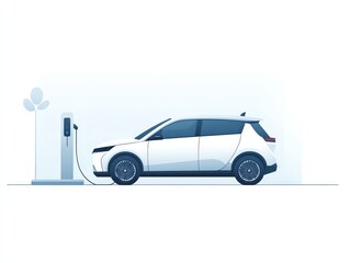 Electric vehicle fleet charging at a station, minimalist vector design, isolated on white background