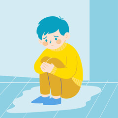 3D style cartoon character of a young boy in a yellow sweater, sitting on the ground with knees hugged to his chest, tears streaming down his face