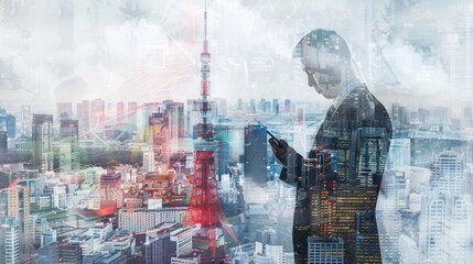 Silhouette of a Businessman in Tokyo Skyline
