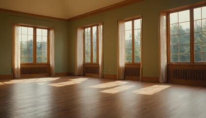 Empty interior room 3d illustration minimalist room with unfurnished parquet floor windows wooden and white wall 3d render 3d illustration 5