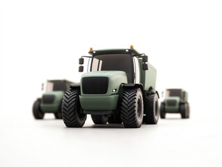 Naklejka premium A fleet of electric agricultural vehicles, farm setting, 3D visualization, isolated on white background