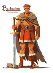 Obraz premium Full length manly barbarian with a large two-handed sword isolated on white background. Vector illustration in cartoon style