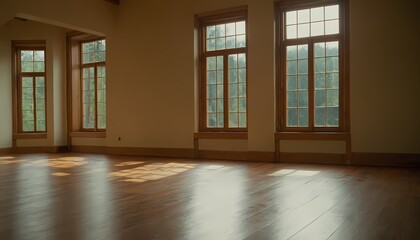 A spacious empty room with white walls and hardwood floors bathed in light 12