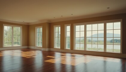 Obraz premium Spacious Empty Room with Large Windows and Fireplace 38