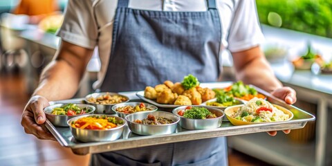 Obraz premium Chef Carrying Tray of Delicious Dishes, Food Serving , Restaurant , Catering , Kitchen